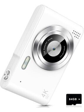 UHD 4K Digital Camera for Kids, 16X Zoom, Lightweight, 64GB Card Included, White